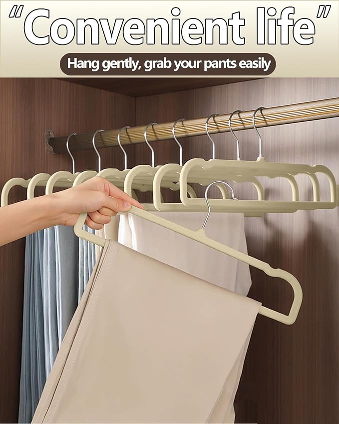 Velvet Hangers Non Slip - 20 Pack Pants Hangers for Closet - Thin Space Saving Clothes Hanger - Strong, Durable, Jean Perchas with 360 Degree Rotatable Hook for Tank Top (Beige Silver Hook) - Image 5