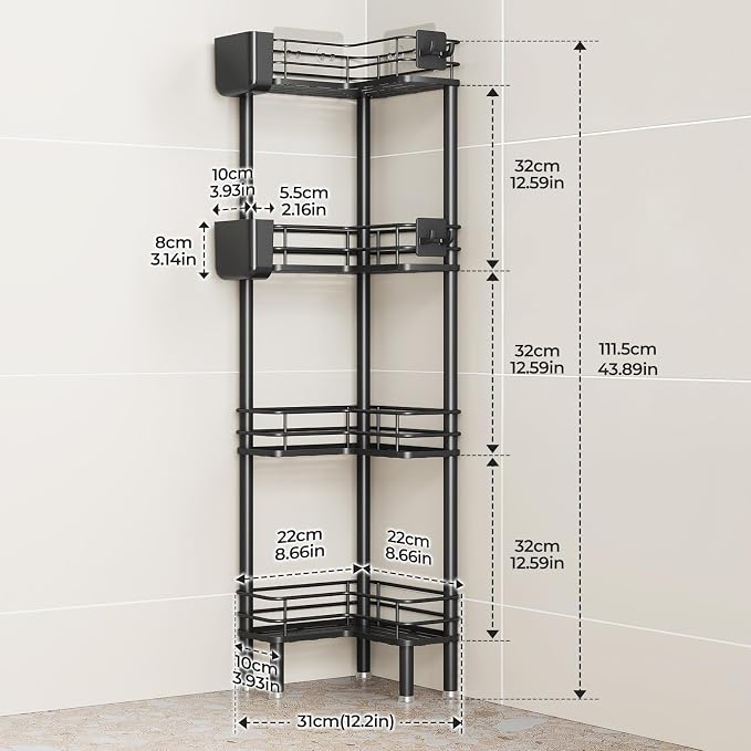 Orimade Rustproof 4 Tier Floor Standing Corner Shower Caddy Organizer with Toothbrush Holder, Large Spacing Floor Shower Shelf Rack Storage Stands with Hooks for Bathroom Kitchen, Black - Image 2