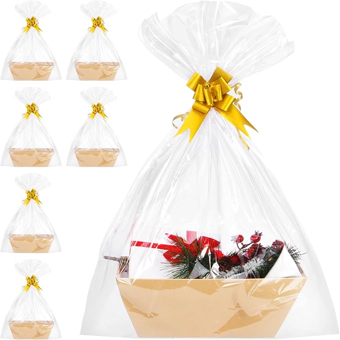 AFOROEOA 6PACK Baskets For Gifts Empty, 10x12”Thick Kraft Gift Basket with 6Bows 6Bags Empty Gift Baskets for Christmas, Valentine’s Day, Easter, Birthdays, Valentine’s Day Wrapping Gift by AFOROEOA