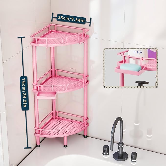 Consumest Corner Shower Caddy Stand - 3 Tier Shower Organizer with Soap Holder, Tall Floor Corner Shelf Standing with Adjustable Feet & 4 Hooks, Storage Rack for Bathroom Pink - Image 7