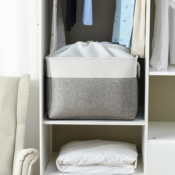 TheWarmHome Storage Bins Baskets for Organizing, 20.5L×15.7W×13.8H 3 Pack Sturdy Fabric Storage Basket W/Handles, Decorative Foldable Storage Baskets for Shelves Closet Nursery Toy (White & Grey) - Image 2