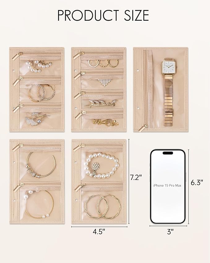 VLANDO Travel Jewelry Bags,Jewelry Storage Pouch,5 Pcs Clear Velvet Zipper Pockets Bag for Travel Business Trip Jewelry Organizer for Women Girls - Image 4