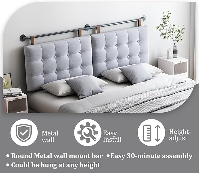 BSHOMGI Headboard Queen Size Headboards for Adjustable Bed Tufted Upholstered Head Board Only Gray Headboards, Fabric Line Headboard in Modern Button Design Bedroom(Gray, Queen)
