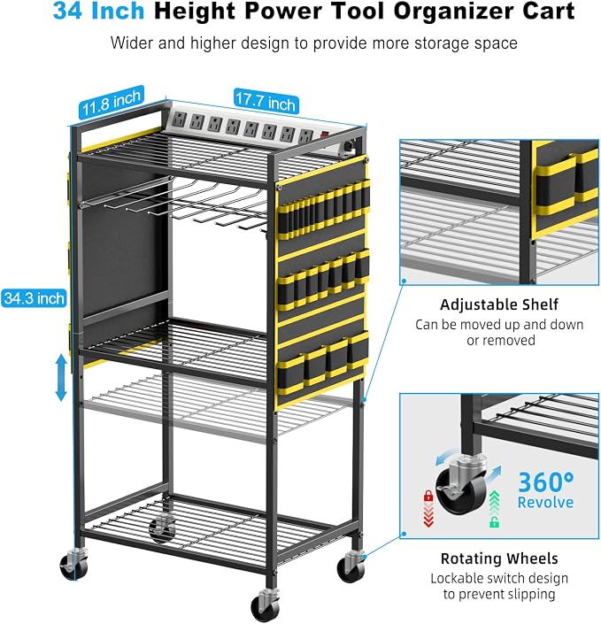 JUNNUJ Large Power Tool Organizer Cart with Charging Station, Garage Floor Standing Rolling Drill and Tools Battery Storage Cart on Wheels, Heavy Duty Rack Shelf with 8 Outlet Power Strip, Yellow - Image 5