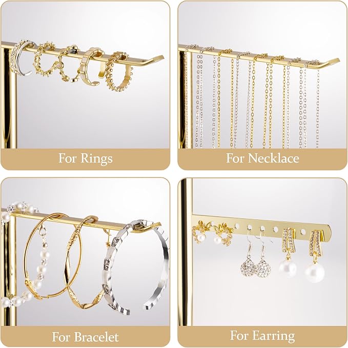 pickpiff Jewelry Stand Holder Organizer: 12.5" Sturdy Hanger for 80 Pcs Jewelry, Jewlery Tower for Display Necklace, Earring, Bracelet, Watch, Mirrored Gold - Image 2