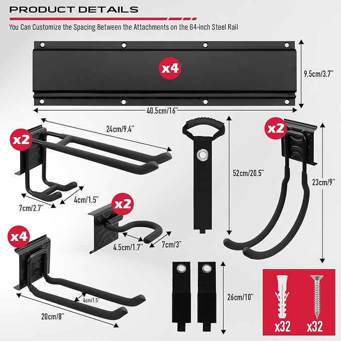 SEDY 64" Heavy Duty Garage Storage Tool Organizer Wall Mount - Tool Rack with Adjustable Hooks, Anti-Rust, 300lbs Capacity - Easy Installation (4 Racks, 10 Hooks, 3 Straps) - Image 3