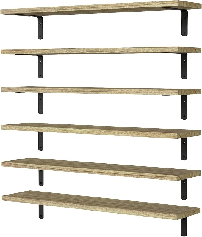 WOPITUES Wood Floating Shelves Set of 6, 24 inch Long Floating Shelves for Wall Decor, Farmhouse Shelf for Bedroom, Bathroom Storage Shelves, Book Shelves for Living Room - Rustic Brown by WOPITUESOfficial