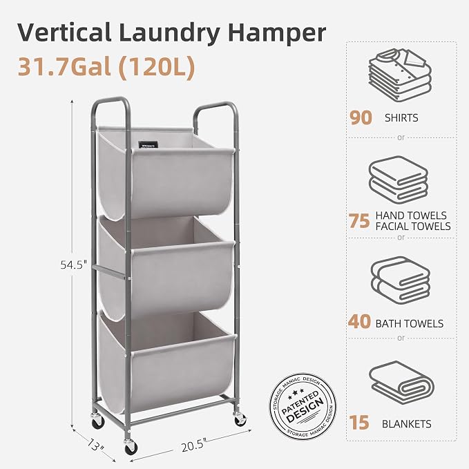 STORAGE MANIAC 120 Liters Vertical Rolling Laundry Hamper, 3 Section Laundry Sorter with Wheels and 2 Breaks, 3-tier Laundry Baskets for Small Space, Dorm, Laundry Room, Closet, Bathroom, Gray 3-tier - Image 6