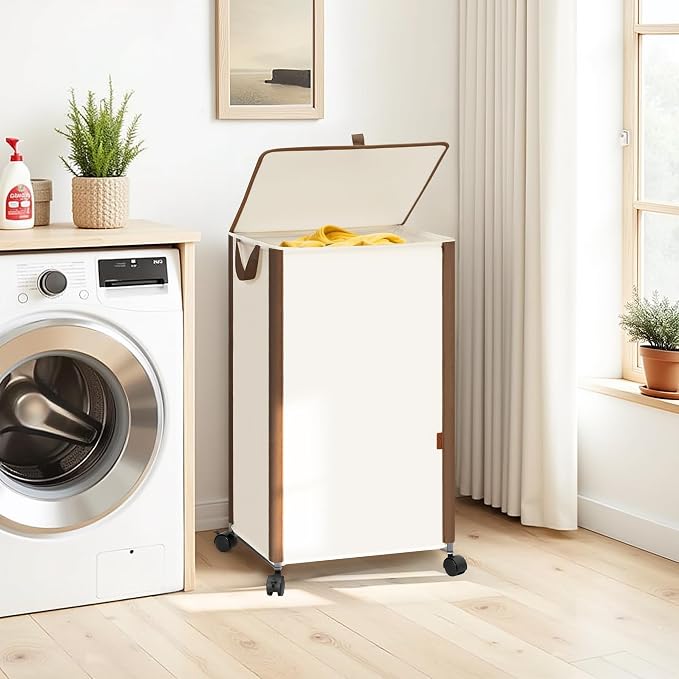 STORAGE MANIAC Rolling Laundry Hamper with Lid, 23.7 Gal (90 L) Large Tall Laundry Basket with Wheels & Handles, Aesthetic Dirty Clothes Hamper for Small Space, Dorm, Apartment, College, Beige - Image 7
