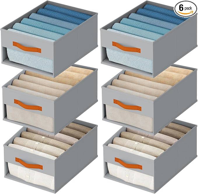 Homsorout Drawer Organizers and Storage - 6 Pack Foldable Pants Organizer with Clear Window & Handles, Fabric Closet Organizer for Clothes, Jeans, Sweaters, Towels, T-shirt, Scarf (Grey) by Homsorout