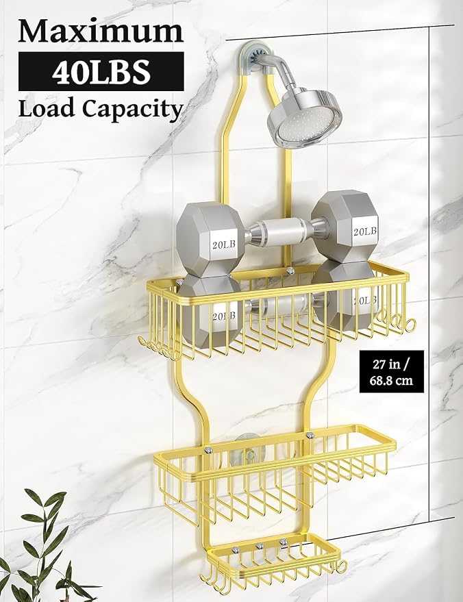 YASONIC Never-Rust Aluminum Hanging Shower Caddy – Over-the-Showerhead Organizer with 10 Hooks for Razor and Sponge – Includes Soap Basket – Gold - Image 4