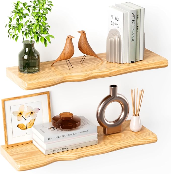Floating Shelves for Wall 24 Inch Wooden Floating Shelves Live Edge Shelf with Unique Natural Grain Wall Mounted Rustic Pine Wood Shelf for Living Room Bedroom Kitchen Bathroom (Natural) by Unknown