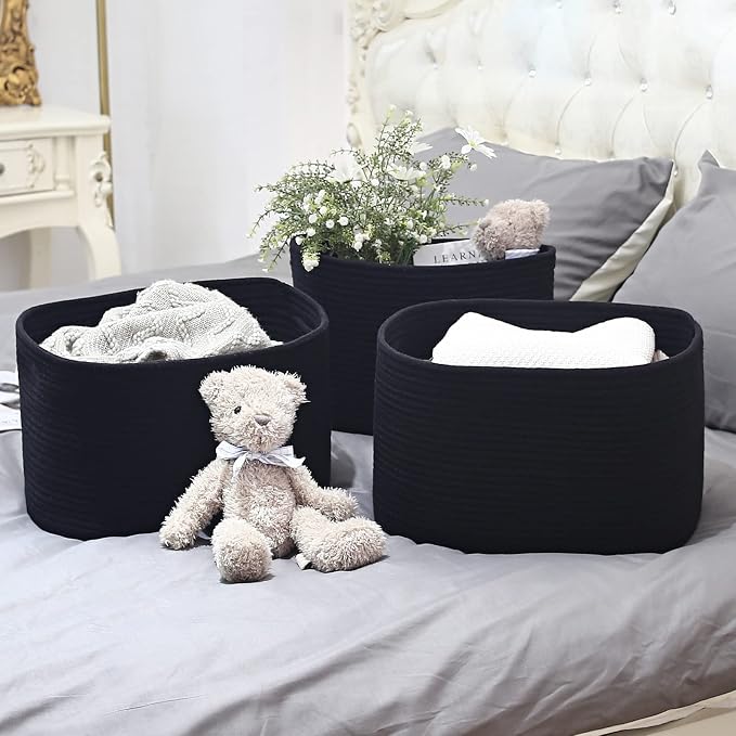 ECDYQXVU Cotton Rope Storage Basket, 15x10x9 Inches, Woven Basket for Shelves, Clothes, Towels, Books, and Laundry, Black (3 Pack) - Image 9