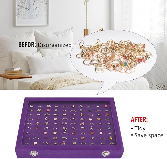 Vicoter Rings Organizer Tray 100 Slot Velvet Ring Earring Storage Box TranSparent Cover Jewelry Store Ring Display Box Jewelry Display Cabinet for Girl Wife Mother - Image 5