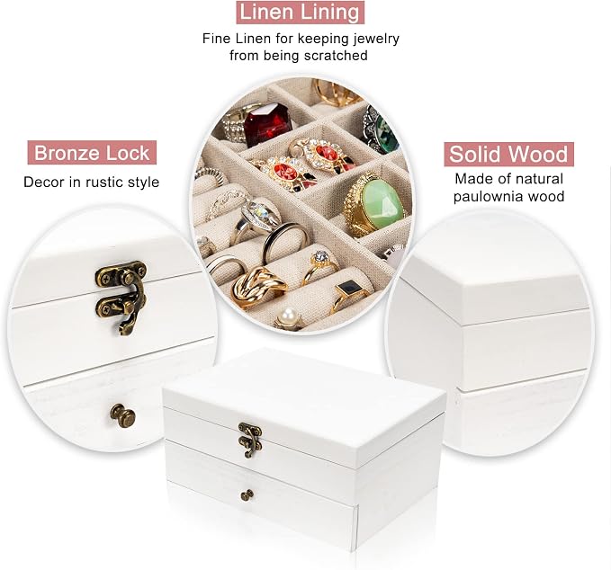 Pinzoveco Jewelry Box for Women, Rustic Wooden Jewelry Organizer Box for Storage Earrings Rings Necklace Bracelet, Farmhouse Style Wood Jewelry Boxes & Organizers (White) - Image 5