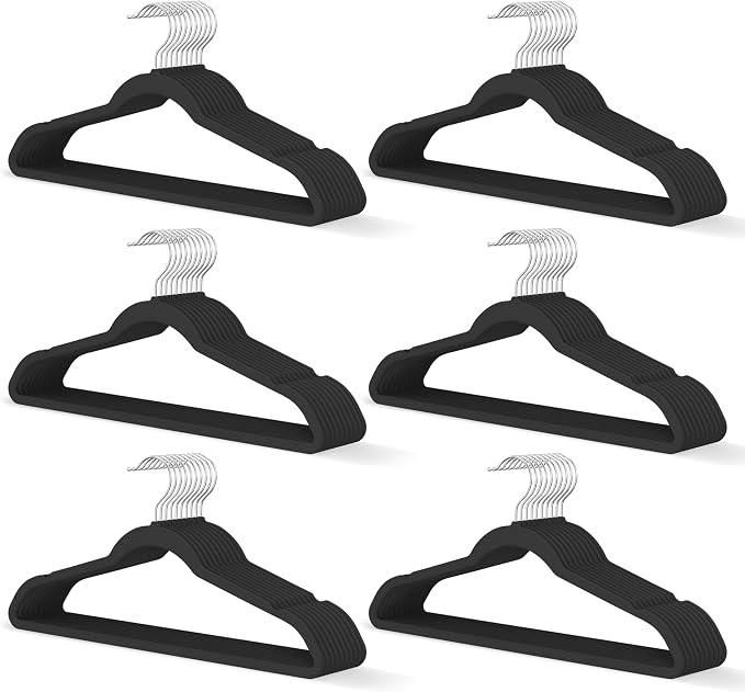 Black Velvet Hangers 60 Pack, Slim Space Saving Suit Hangers for Closet Organizer, Rotating Silver Hook, Non Slip Clothes Felt Hanger Heavy Duty for Coat,Shirt, Pants, Camisole, Dress by MLKJHHI