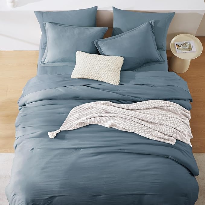 WRENSONGE Queen Comforter Set- 7 Pieces Soft Oxford Blue Bed in a Bag with Fitted Sheet, Flat Sheet, 2 Pillow Shams, and 2 Pillowcases- Warm Bedding Sets Queen for All Season