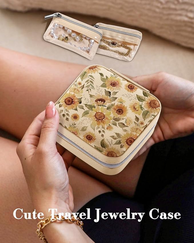 Bistup Travel Jewelry Case - Small Jewelry Organizers and Storage Box for Women Girls Teens Cute Traveling Jewelry Holder with Mirror Little Tiny Compact Modern Unique Aesthetic Pretty, Sunflower - Image 3