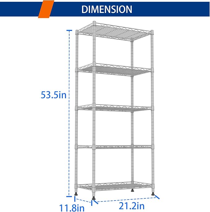 REGILLER 5-Wire Shelving Metal Storage Rack Adjustable Shelves,Standing Storage Shelf Units for Laundry Bathroom Kitchen Pantry Closet(Silver,11.8" D x 21.2" W x 53.5" H) - Image 3