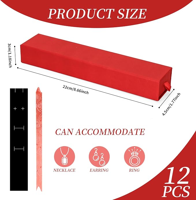 12-Pack Drawer Style Jewelry Gift Boxes with Sponge Insert, 8.7"x1.8"x1.2" Necklace & Bracelet Display Box for Presentation, Cardboard Storage Organizer for Pendant, Ring, Earring - Red - Image 2
