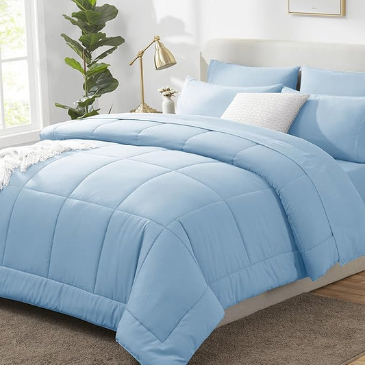 CozyLux Queen Comforter Set Baby Blue, 7 Pieces Bed in a Bag, Blue Comforters Queen Size, All Season Bedding Sets with Stitch Quilted Comforter, Flat Sheet, Fitted Sheet, Pillowcases