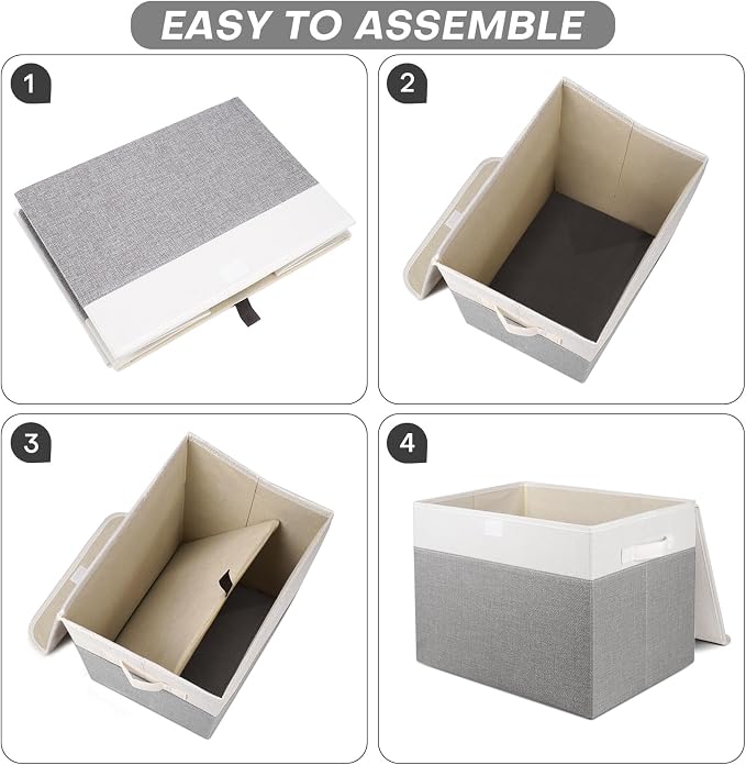 Bagnizer Large 22 Quart Linen Fabric Foldable Storage Bin Cube Organizer Basket with Flip-Top Lid & Handles, Clothes Blanket Box for Home, Office, Closet, Gray & White, 4 Pack 14.6 x 9.5 x 9.5” - Image 3