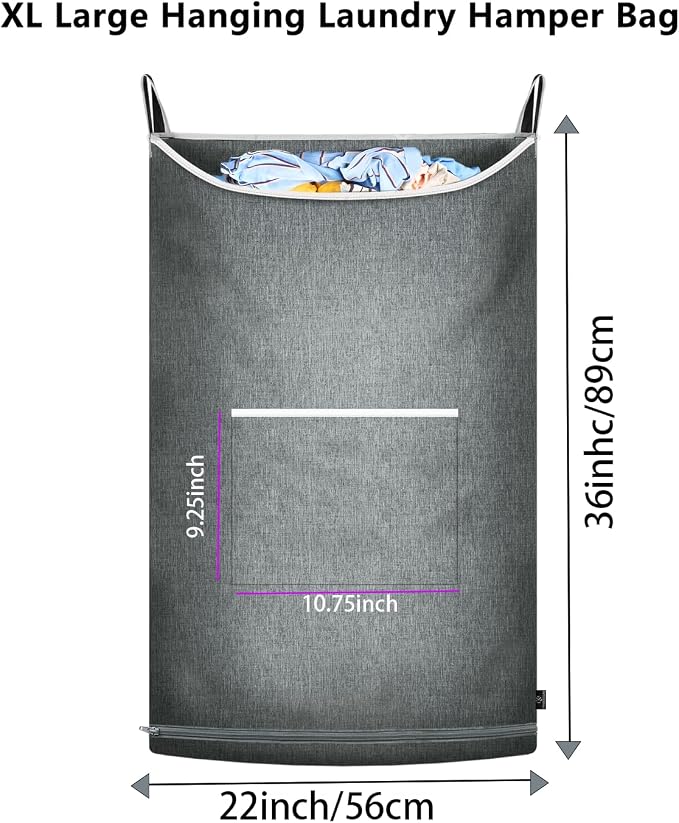 XL Large Hanging Laundry Hamper, Over the Door Laundry Bag with Zipper and Wide Open Top,Hanging Hamper for Storage Laundry, Clothes, Toys,36x 22 Inch, Heather Grey 2Pack. - Image 2