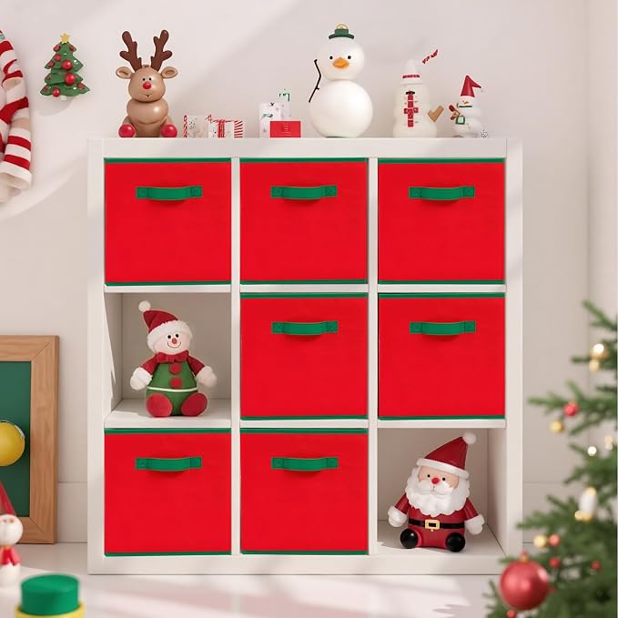 STORAGE MANIAC Storage Cubes, 11 Inch Durable 4 Pack Storage Shelf Basket for Christmas, Fabric Foldable Collapsible Bins with Handles for Organization, Closet, Shelves, Offices, Toys, Red - Image 2