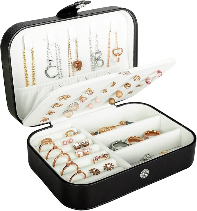 Hatori Travel Jewelry Box, PU Leather Small Jewelry Organizer for Women Girls, Portable Mini Travel Case Display Storage Holder Boxes for Stud Earrings, Rings, Necklaces, Bracelets. by SAJOMA