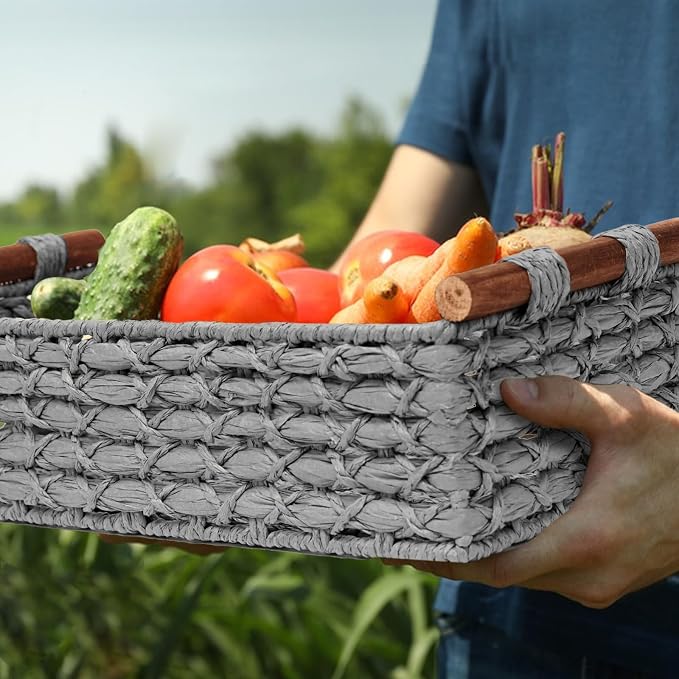 Small Storage Basket Wicker Baskets for Organizing with Handle Decorative Storage Bin for Countertop Toilet Paper Basket for Toilet Tank Top Small Baskets,Light Grey - Image 5