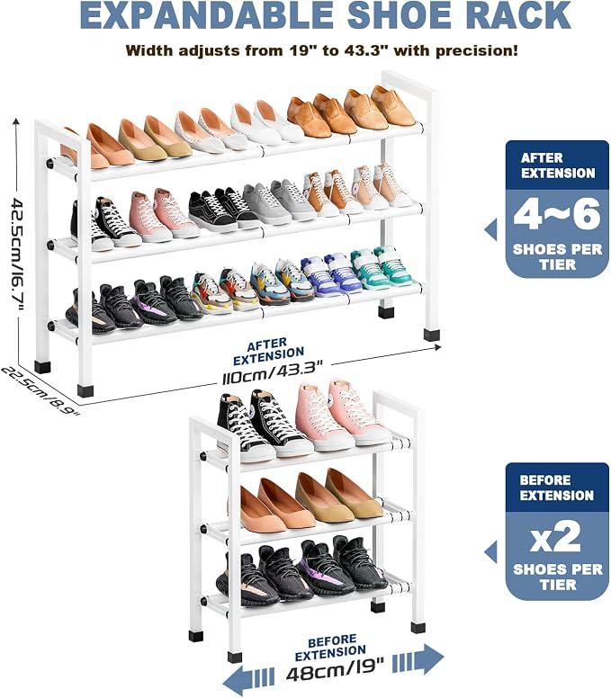Mavivegue 3-Tier 19"-43.3" Adjustable Shoe Rack for Closet,Expandable Shoe Rack, Hall Entryway,Front Door,Garage, Sturdy Steel Space-Saving Rack, White​ - Image 3
