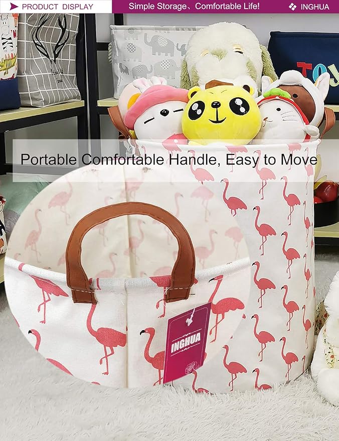 Laundry Hamper Large Canvas Fabric Lightweight Storage Basket/Toy Organizer/Dirty Clothes Collapsible Waterproof for College Dorms, Boys and Girls Bedroom,Bathroom(Flamingos) - Image 4