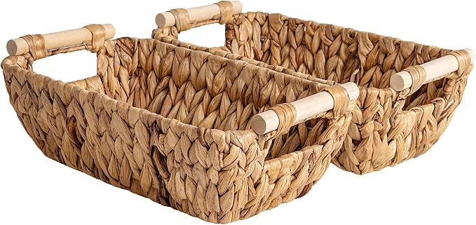 StorageWorks Hand-Woven Small Wicker Baskets, Water Hyacinth Storage Baskets with Wooden Handles, 2-Pack by StorageWorks