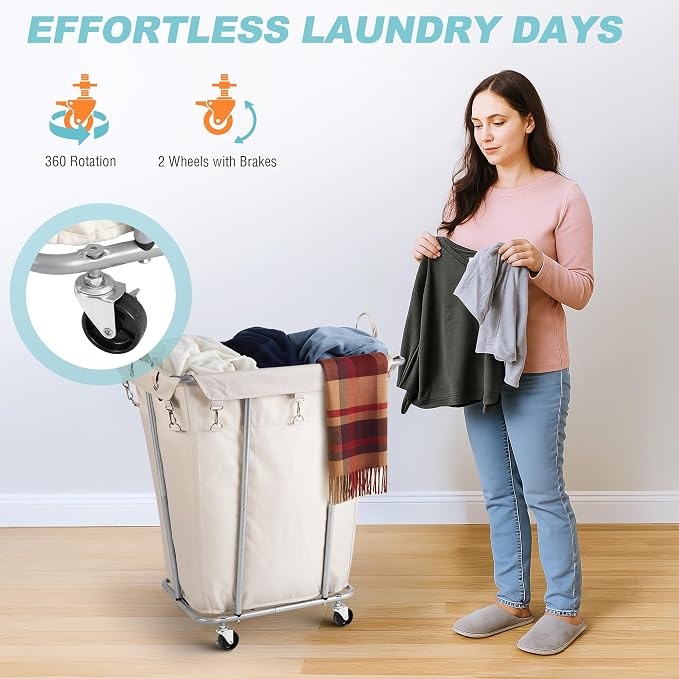 PLKOW Laundry Basket with Wheels 120L Heavy-Duty Laundry Cart with Removable Waterproof Bag, Metal Frame Clothes Basket with Lockable Casters for Home, Laundry Room, Hotel, Beige - Image 4