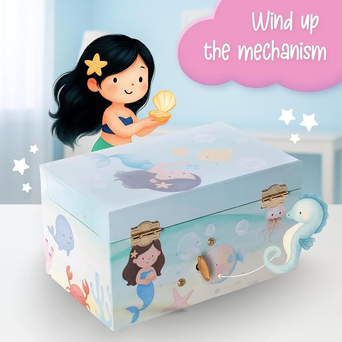 The Memory Building Co Mermaid Musical Jewelry Box Plays Classic Melody, Storage Organizer Music Box for Kids Ages 6-12, MDF Wood w/ 2 Fabric Lined Ring Bracelet Necklace Treasure Compartments - Image 6