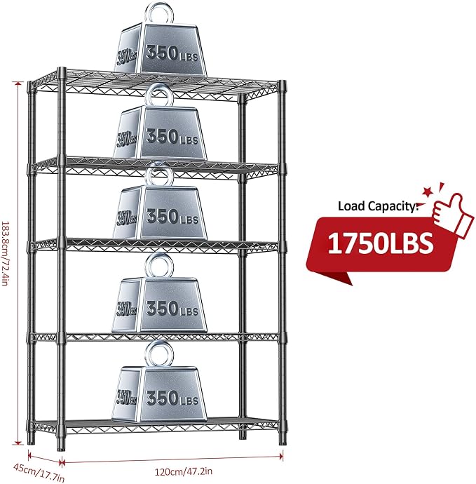 IZEUK 5-Tier Heavy Duty Metal Storage Shelving Unit (Black, 17.7" D x 47.2" W x 72.3" H, 1750 lbs Capacity), Adjustable Steel Wire Rack Shelf Organizer for Garage, Kitchen, Basement, Laundry, Office - Image 3