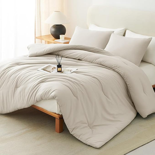 CozyLux Beige King Size Comforter Set, 3 Pieces Solid Breathable Quilted Style Bedding Sets, Luxury Fluffy Soft Bed Set with Down Alternative Comforter for All Season (1 Comforter & 2 Pillowcases)