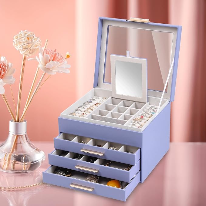 BOOVO Clear Lid Jewelry Box,4 Layers Jewelry Organizer Large Jewelry Storage Box with 3 Drawers,Jewelry Holder Organzier of Rings Earrings Necklace Bracelets for Women (Purple, 4 Layer) - Image 7