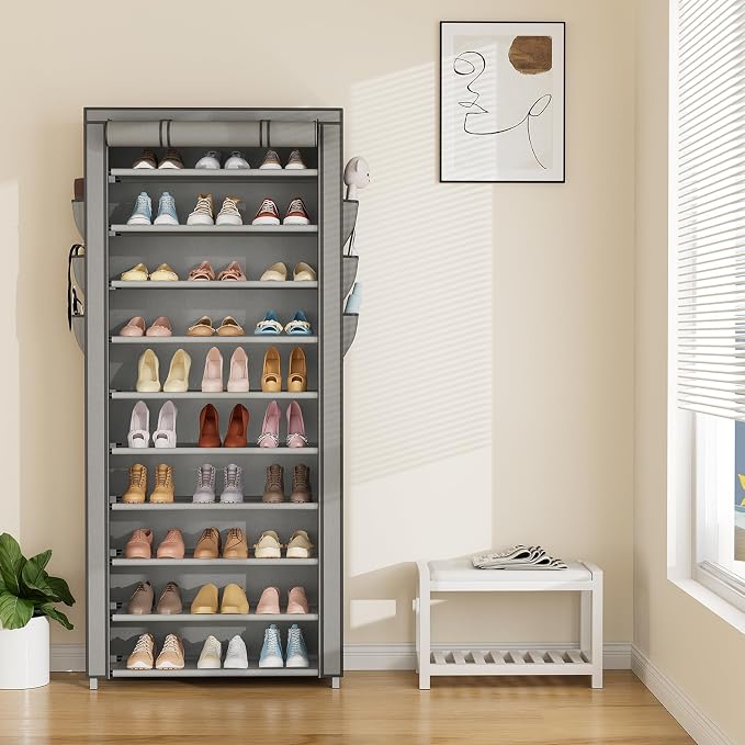 VTRIN Vertical Narrow Shoe Rack Organizer Tall Shoe Rack for Closet Entryway 10 Tier Non-Woven Cover Shoe Shelf Holds 36-41 Pairs Free Standing Shoe Storage Cabinet with Dustproof Cover, Grey - Image 7
