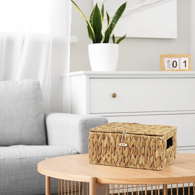 Set of 2 Wicker Baskets with Lid, Small Woven Wicker Storage Bins, Natural Water Hyacinth Basket Multipurpose Decorative Storage Boxes for Shelf Organizer (11.2" x 7.8" x 5.1" + 10" x 6.1" x 3.8") - Image 5