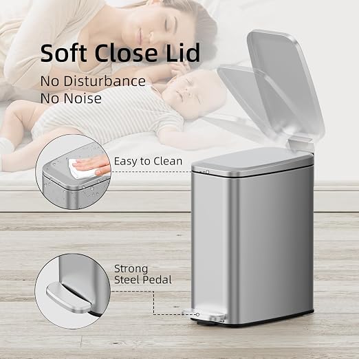 KUK Slim Bathroom Trash Can with Lid, 1.6 Gal / 6L Stainless Steel Small Garbage Bin with Detachable Inner Bucket, Step Pedal, Silent Close, Wastebasket for Toilet, Bedroom, Home, Office (Silver) - Image 4