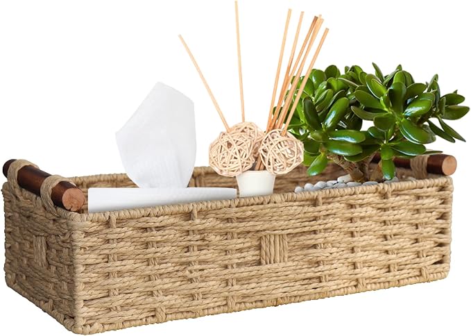 STOBSK Round Paper Rope Storage Basket with Handle, Beige, 14.5in x 6.6in x 3.74in by STOBSK