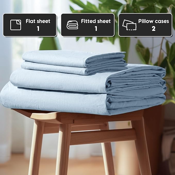 SONORO KATE 100% French Pure Linen Sheets, Breathable and Durable Linen King Size Sheets, Anti-Tear Linen Bed Sheets, Machine Washable, 16 Inch Deep Pocket - 4 Piece (Dusty Blue, King)