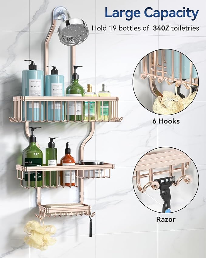 YASONIC Shower Caddy Hanging - Never Rust Shower Organizer - Aluminum over The shower head caddy with 10 Hooks for Razor/Sponge - Shower Rack with Soap Basket - Rose Gold - Image 2