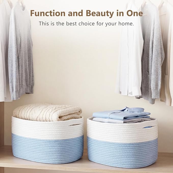 ECDYQXVU Cotton Rope Storage Basket, 15x10x9 Inches, Woven Basket for Shelves, Clothes, Towels, Books, and Laundry, White Blue (3 Pack) - Image 7