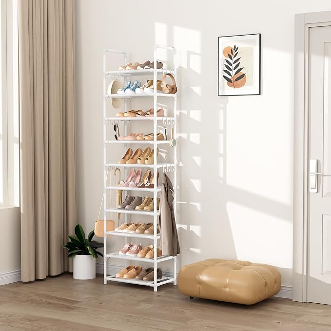 VTRIN 10 Tiers Tall Shoe Rack Holds 20-25 Pairs of Shoes Sturdy Vertical Shoe Organizer with 18pcs Hooks Stackable Narrow Shoe Rack for Closet, Entryway White - Image 7