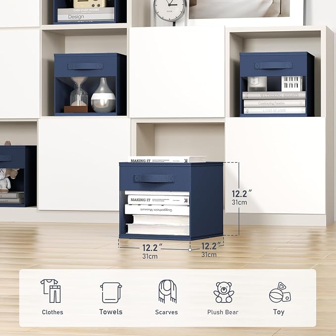DIMJ Cube Bins, 12.2-Inch Storage Bins Cubes with Window, 6 Packs Collapsible Storage Bins with Handles, Closet Storage Baskets for Organizing Living Room, Office, 6 Pack,Navy Blue - Image 2