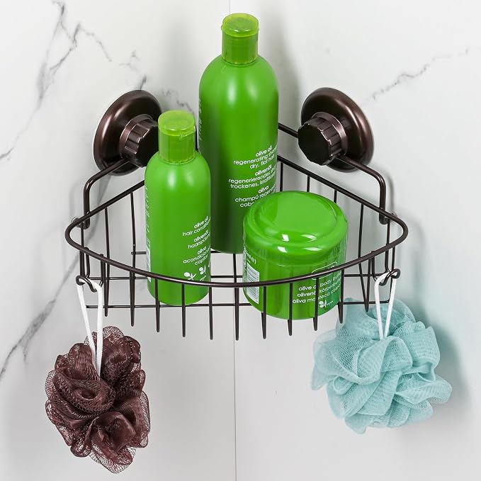 HASKO accessories Suction Cup Corner Shower Caddy - 304 Stainless Steel Shower Shelf - Adhesive 3M Stick Discs Included - Bathroom Caddy with Hooks - No Drilling Bathtub Storage Organizer (Bronze) - Image 4