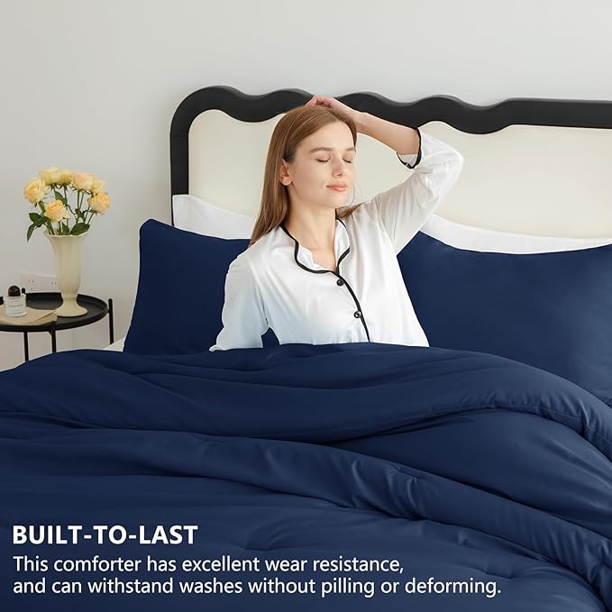 CozyLux Twin Comforter Set Navy Blue, 2 Pieces Twin Extra Long Solid Breathable Bedding Sets for College Dorm, Twin XL Luxury Soft Bed Set with Down Alternative Comforter and 1 Pillowcase All Seasons