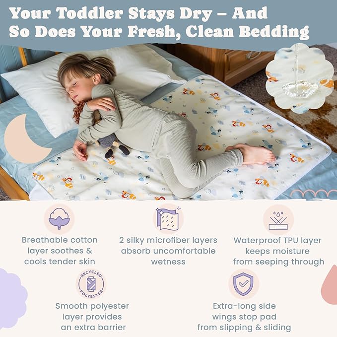 Tuckable Side Bed Wetting Pads Toddlers, Reusable Washable Waterproof Baby Potty Training Mattress Pee Pads Sheet Protector Kids, 5 Absorbent Layers, Exclusive No-Slip, 39"x 29" Fits Twin Space